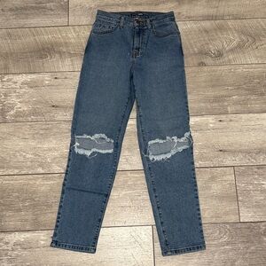 Fashion Nova Dark Blue Distressed Ankle Jeans